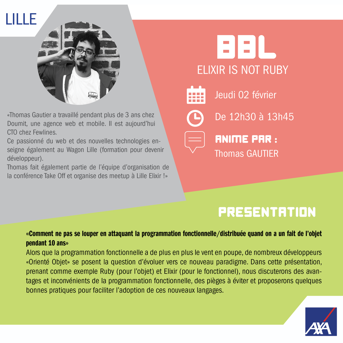 marie_chacun's tweet photo. 🔜«ELIXIR IS NOT RUBY» by @aryko, c’est le sujet du prochain BBL au #AXAWebCenter! Rdv le 02/02/17 @12h30 > https://t.co/iQ9tB2bSq5 #AXABBL 👌 https://t.co/WraV1sBspA