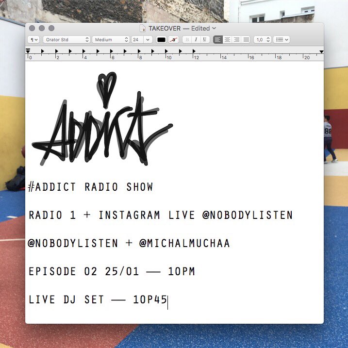 NOBODYLISTEN1's tweet photo. dnes další díl Addict radio show! 22:00 @ radio1 / 91.9fm &amp; live stream u mě na Instagramu (@nobodylisten). na konci dám i krátkej set. 🌹 https://t.co/ooOW9sTe0W