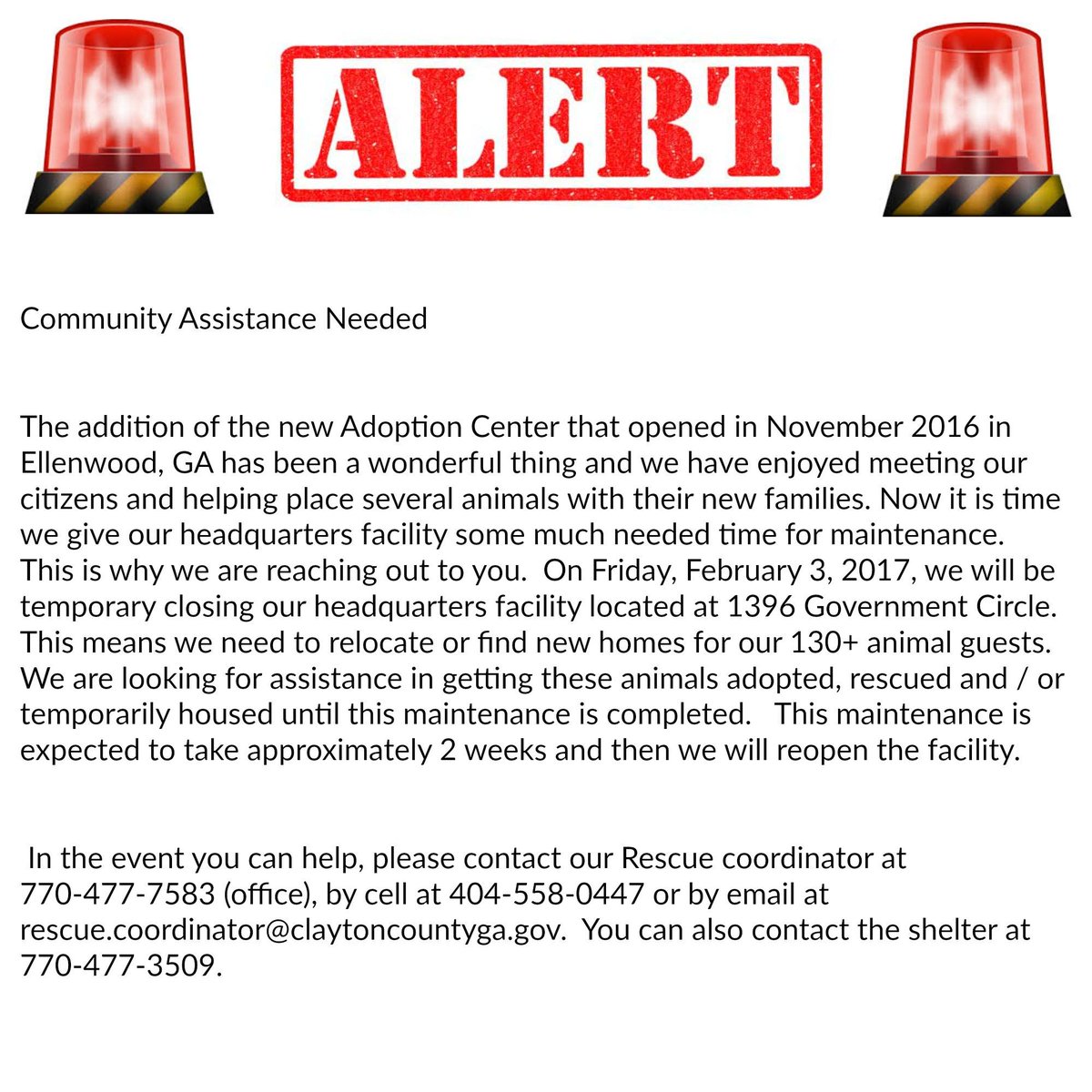 ClaytonCountyPD's tweet photo. #PetAdoptionsNeeded  We need to do some maintenance to our main animal shelter and we need homes for 130+ pets. #PleaseHelp https://t.co/vRYHC8mYEe