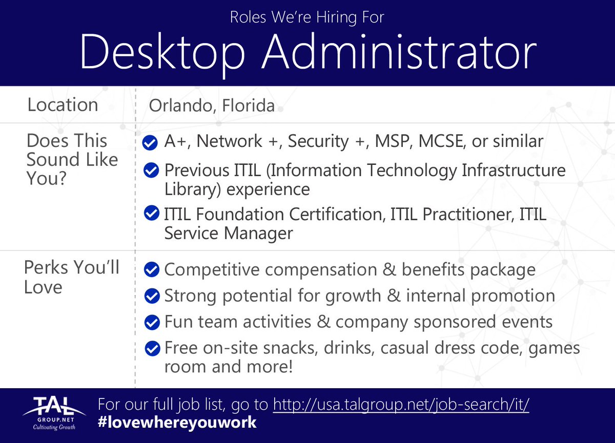 talgroupUSA's tweet photo. Hiring Desktop Administrator in Orlando! Great pay, benefits & free snacks https://t.co/gB13b5Q9ci #Hiring #DesktopAdmin #Orlando #FL https://t.co/r4aG7azvT7
