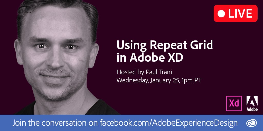 paultrani's tweet photo. How to use Repeat Grid in @adobeXD live at 1pm PST: https://t.co/yScCa9CUtA https://t.co/ayYj8iYQMh