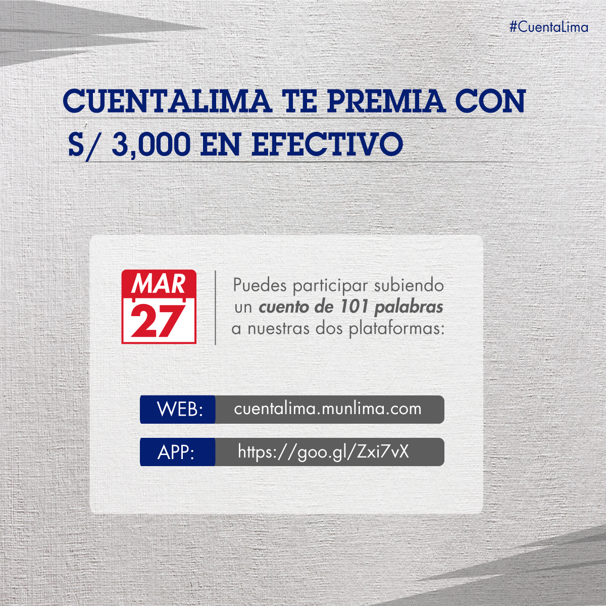 Ingresa a la web -> cuentalima.munlima.com o descarga la aplicación desde Google Play -> goo.gl/Zxi7vX para subir tu cuendo.