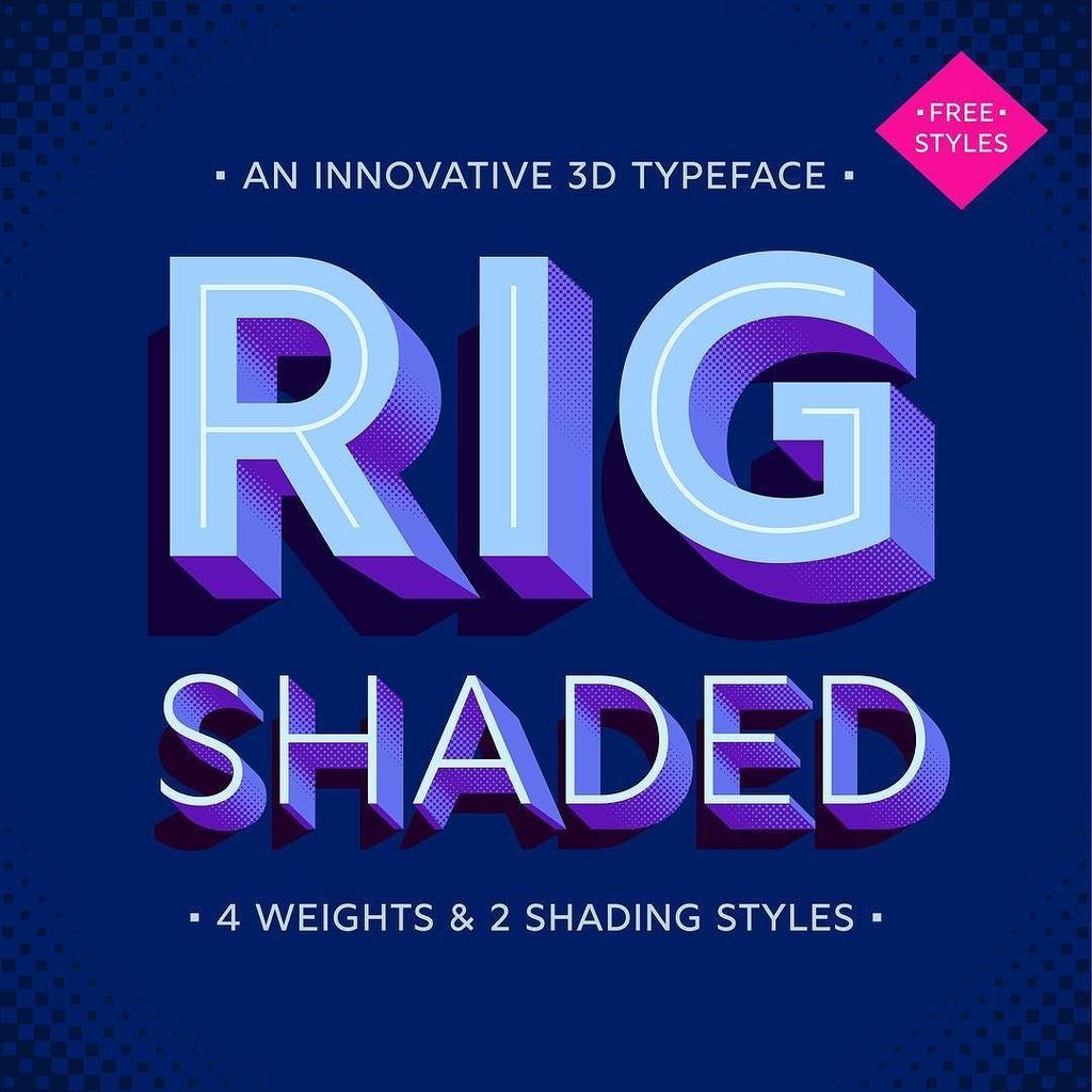 JamieClarkeType's tweet photo. Live at last: Rig Shaded my 3D type family with a geometric sans serif at its heart. 4 weights and 2 halftone shadi… https://t.co/6CfJbMMOL3