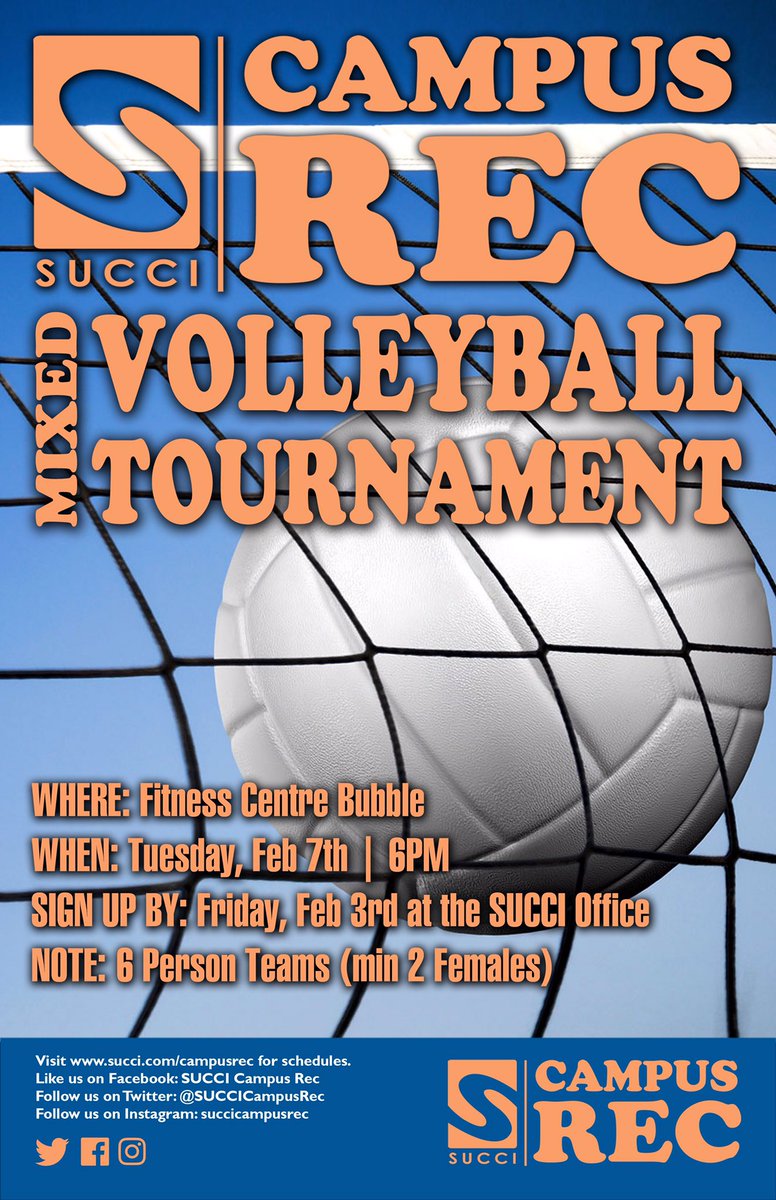 SUCCIOfficial's tweet photo. Interested in playing Volleyball? Get your team together and register before February 3rd. #BellLetsTalk #StormConfed https://t.co/63kyoK06th