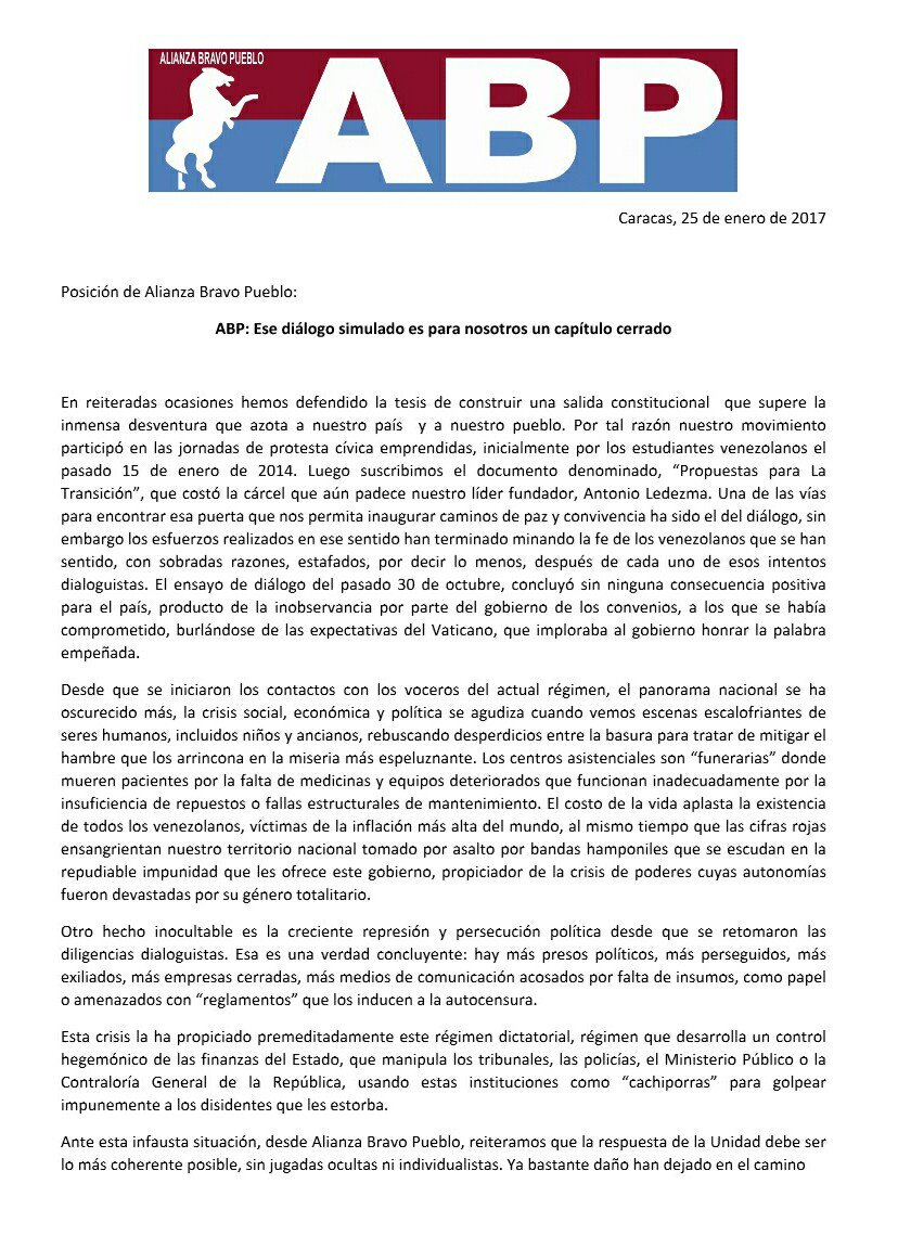 ABPVenezuela's tweet photo. Aquí el documento donde fijamos nuestra posición referente al diálogo en nuestro país #ABPFrenteAlDialogo #25Ene https://t.co/vUi9d6R5sJ