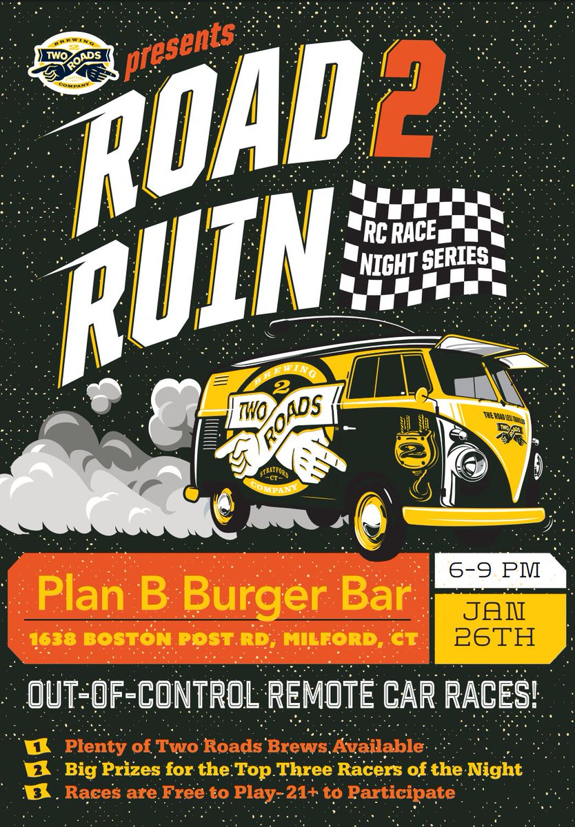 PlanBMilford's tweet photo. Tomorrow at 6pm we have #Road2Ruin RC Racing with @2RoadsBrewing! Race cars, drink beer, win prizes. #milfordct #ctbrew https://t.co/W2sT1RRXnb