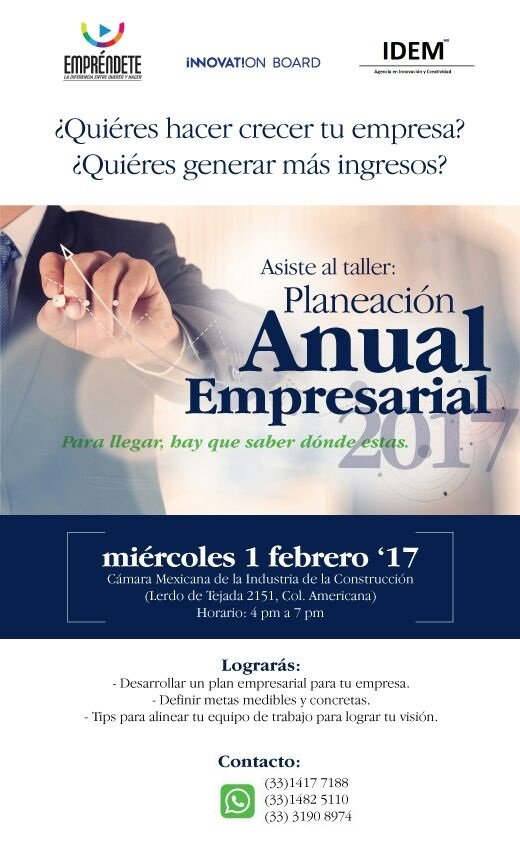 innovaidem's tweet photo. Te invitamos al taller "Planeación Anual". 1 de febrero 2017  16:00 hrs en @CMICJALISCO @AleEmprendete @Innovateonboard #FelizMiercoles https://t.co/qkuvkFwTqV