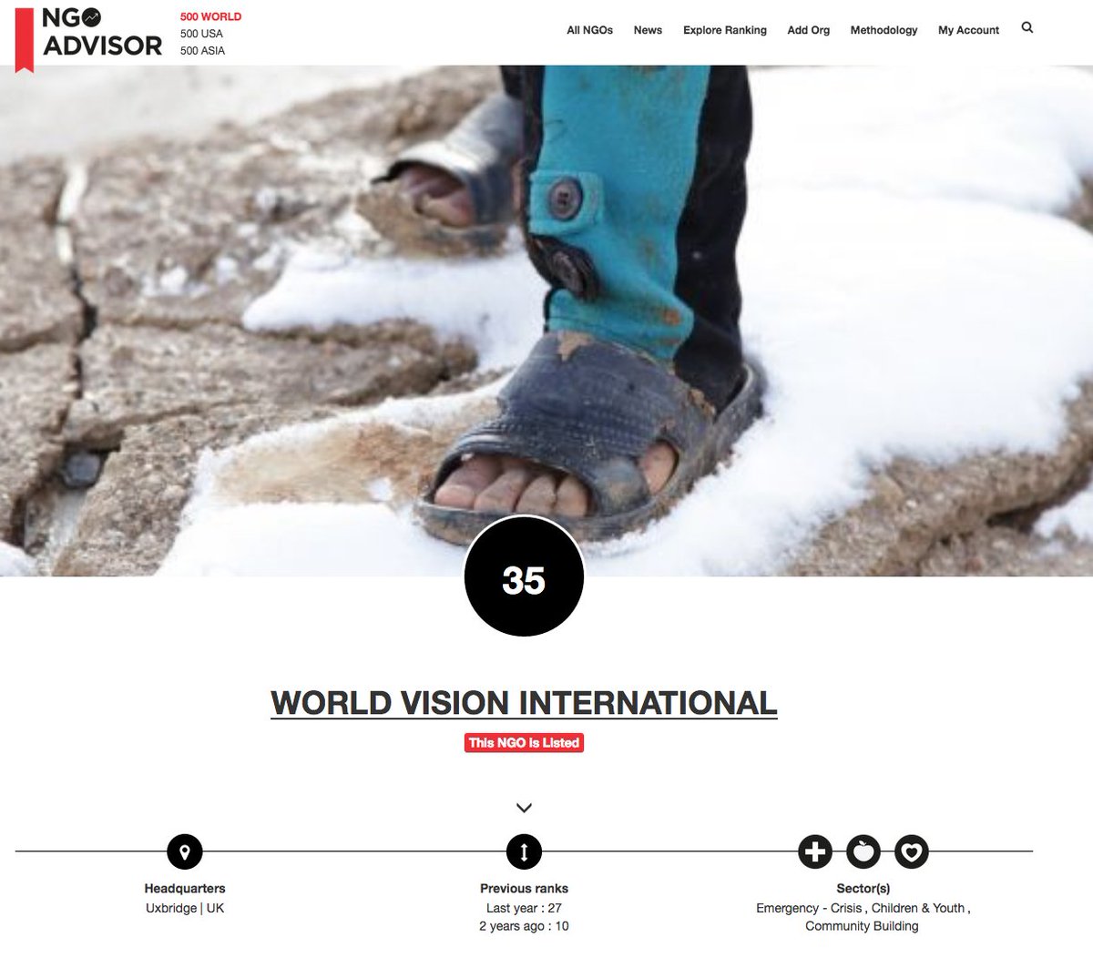 Congrats to <a href="/WorldVisionUSA/">World Vision USA</a> &amp; 45'000+ staff for being #35 in 2017 in #NGO Ivy League #TOP500NGOs <a href="/USAID/">USAID</a> <a href="/ngoadvisor/">NGO Advisor</a> ngoadvisor.net