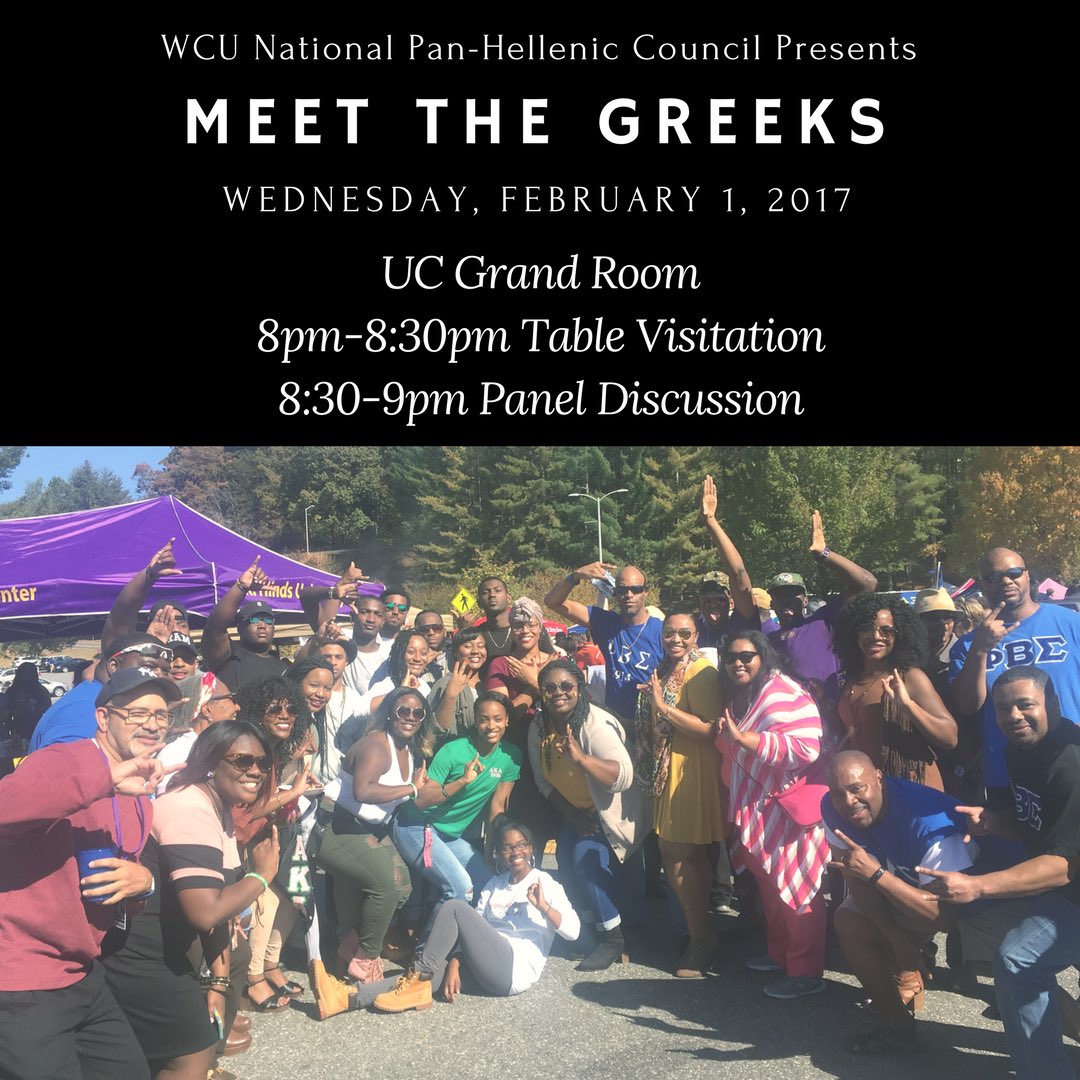 WCU_NPHC's tweet photo. Come out to our 'Meet the Greeks of NPHC' Wednesday February 1st from 8-9pm.! We hope to see you there.! #wcu20 #wcu19 #wcu18 #wcu17 https://t.co/OXWDM4Zdoi
