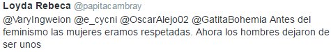 Antes del feminismo las mujeres eramos respetadas. Ahora los hombres dejaron de ser unos caballeros desde que las mujeres dejaron de ser damas, pero bueno, querían ser iguales a los hombres y ahí tienen los resultados. El feminismo no ha traído nada bueno y otra  prueba es el aumento de feminicidios en mi país, ¿o vas a negar esa realidad? Otra razón por la que odio el feminismo es porque nos obliga a estudiar y trabajar y si  decidimos casarnos y ser amas de casa entonces somos unas sumisas, retrógradas y unas mantenidas. yo no le veo nada de malo a eso, es mi decisión y no tienen porque obligarme a trabajar y destacar en una profesión, a mí no me interesa eso, yo quiero estar tranquila en mi casa sin estresarme ni meterme en problemas. nosotras no somos iguales a los hombres, somos diferentes, tenemos otras capacidades, los hombres son primero y nosotras las segundas. Dios no nos dio capacidad para el liderato, la prueba está en que los países que han gobernado las mujeres son un desastre, ahí tienen a Brasil y a Argentina.