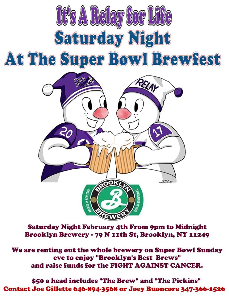 RelayAtMCU's tweet photo. We're taking over the @BrooklynBrewery the Saturday before the Superbowl! Come join us to benefit @RelayForLife #Bklyn #RelayAtMCU https://t.co/G4UPukv0aL