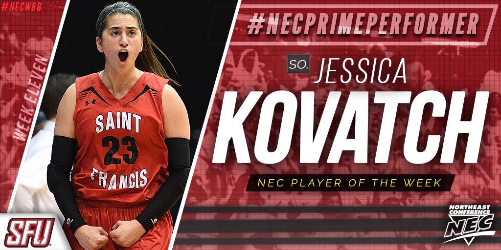 NECsports's tweet photo. 67 points in 69 minutes! Jess Kovatch averaged 33.5 ppg, 6.0 rpg, 2.0 apg &amp; 2.0 spg as @SFUathletics moved into 1st place #NECPrimePerformer https://t.co/R4874PV6qW