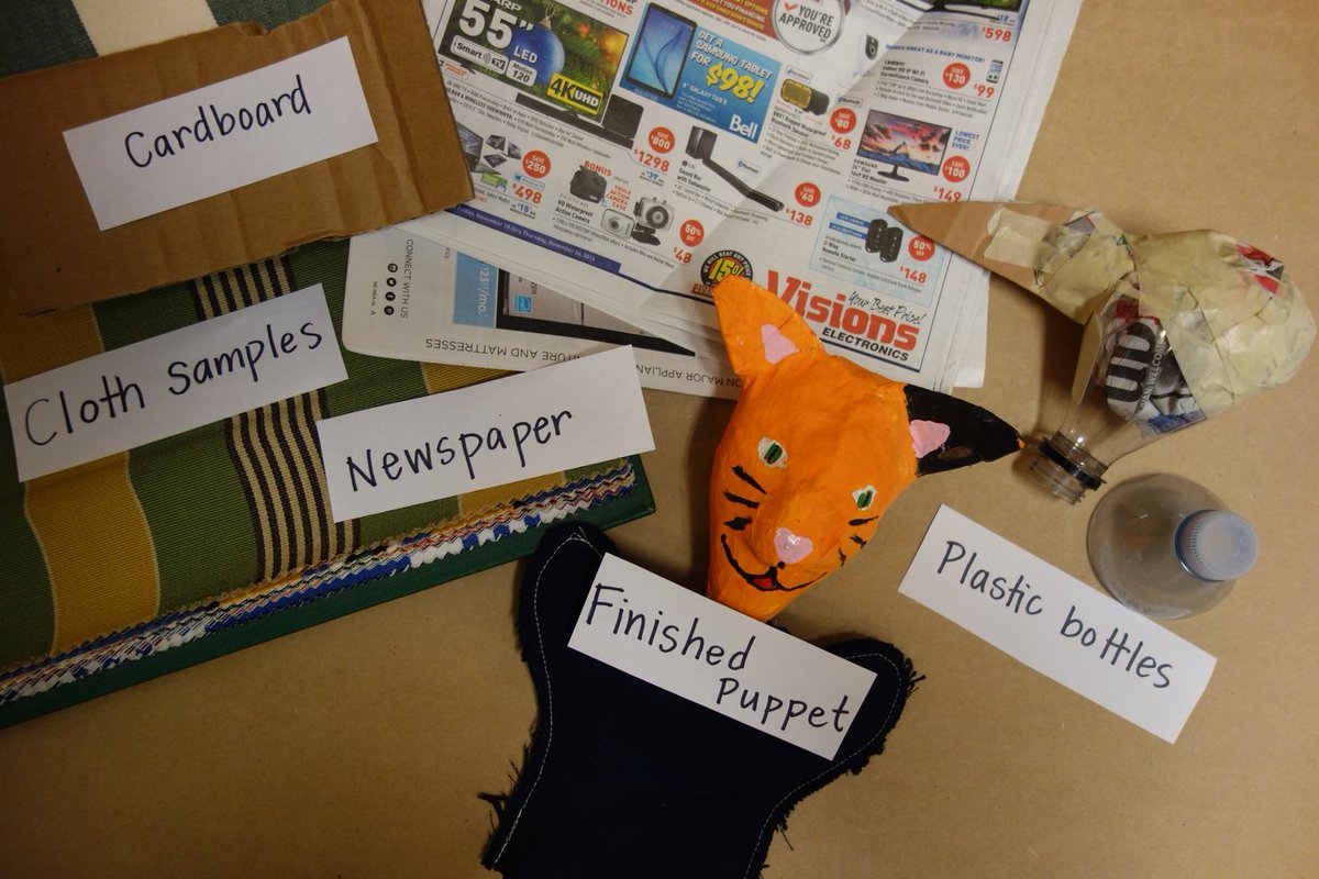 AlcuinK12's tweet photo. K - G4s got our craft on! Upcycle newspaper, cardboard, H2O bottles, fabric to create paper mache animal puppets! @CBCVancouver #UPCYCLEWIN https://t.co/QzBy0ipZAD