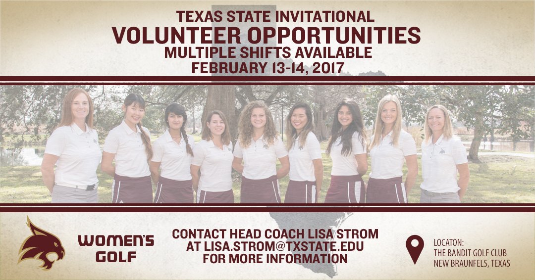 txstatewgolf's tweet photo. Volunteer opportunities are still available for our home tournament on Feb. 13-14 at The Bandit Golf Club in New Braunfels. https://t.co/jpVrzNENuT