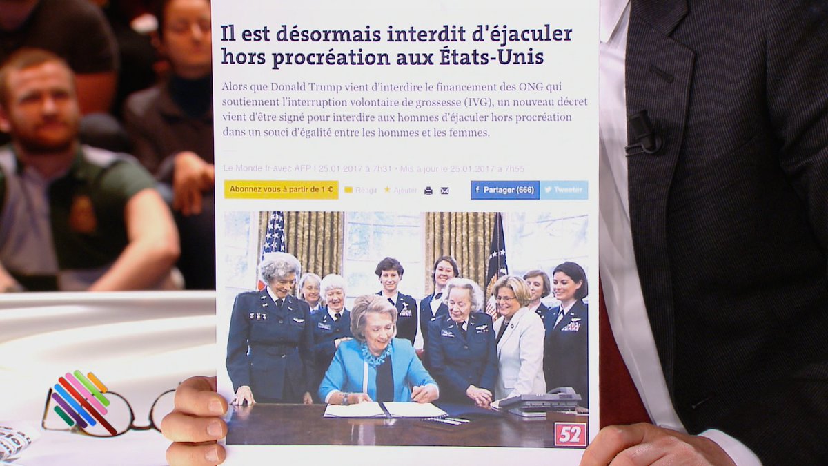 Entouré uniquement d’hommes, Trump signe un décret anti-IVG. 
On a adoré la réponse du collectif Nous sommes 52. #Quotidien
