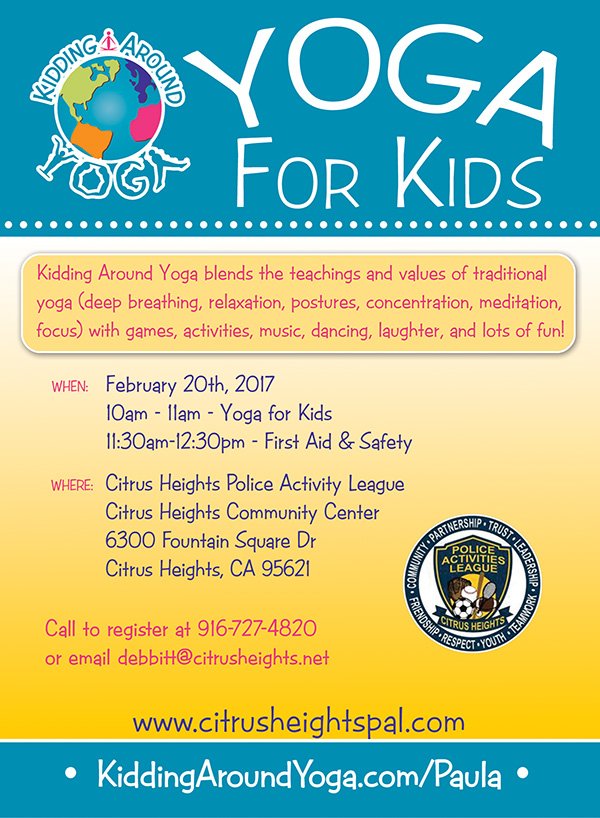 CityofCHPAL's tweet photo. YOGA and First Aid for kids - ages 7 years to 13 years. February 20, 2017 https://t.co/GCjkuG8Hvq