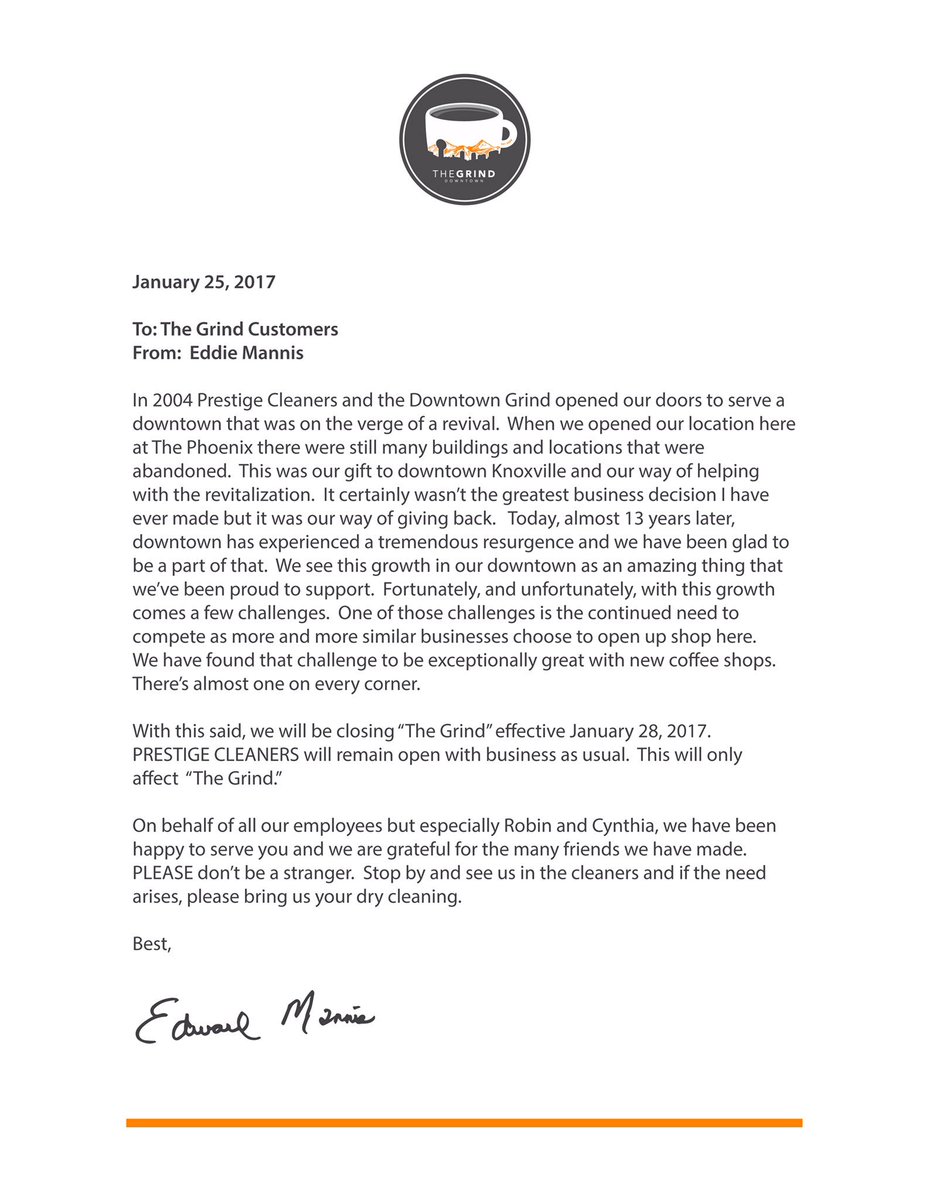 downtowngrind's tweet photo. Grind customers:  Please read the following announcement from our owner, Eddie Mannis.   -Downtown Grind https://t.co/rAwKoucHlT