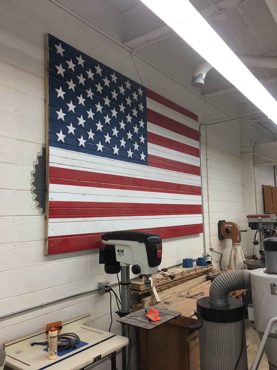 NNHSwoods's tweet photo. Here she is in all her glory- massive American Flag-all wood and CNC carved stars. #MadeInUSA #shopart #merica https://t.co/gqYlgobdGB