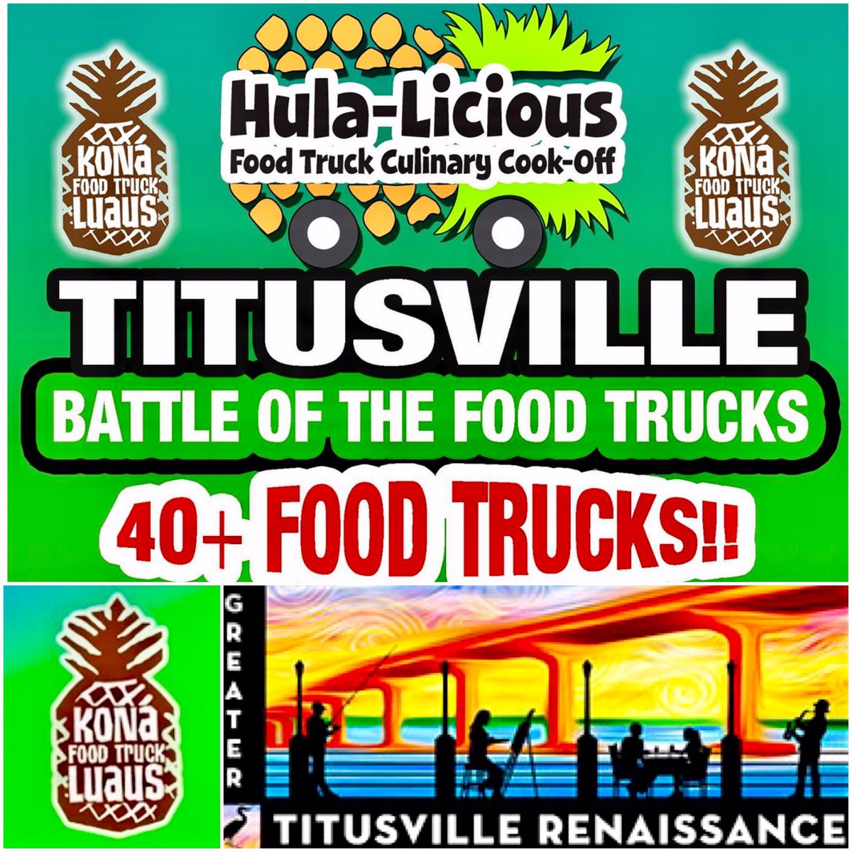 This Saturday-1/28: Come on out to #Titusville Hula-Licious From 2:00-9:00! 40 + FoodTrucks!! 

550 S Washington Ave.
Titusville, FL