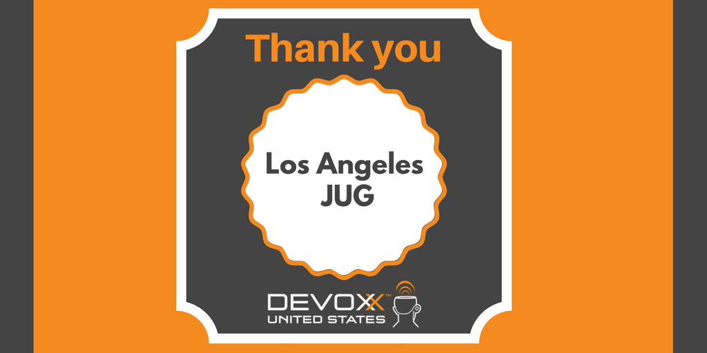 DevoxxUS's tweet photo. Thank you #LAJUG for joining the #DevoxxUS 2017 JUGs & Affiliates Program. See you in March! https://t.co/99e5bB5QL6 https://t.co/C3B7PrZFO8