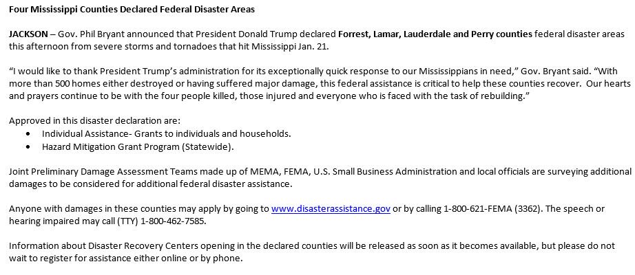 PhilBryantMS's tweet image. I'm grateful to President Trump for his quick action in issuing disaster declarations for Forrest, Lamar, Perry and Lauderdale counties.