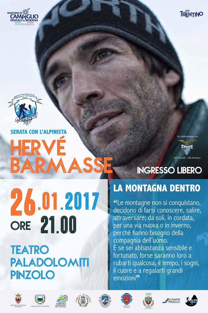 AlpinGoPinzolo's tweet photo. Domani sera 26 Gennaio presso Teatro Paladolomiti - Pinzolo - ore 21.00 serata con l'alpinista
HERVÉ BARMASSE  #tulotverticalup https://t.co/IRTN7Ps8VE