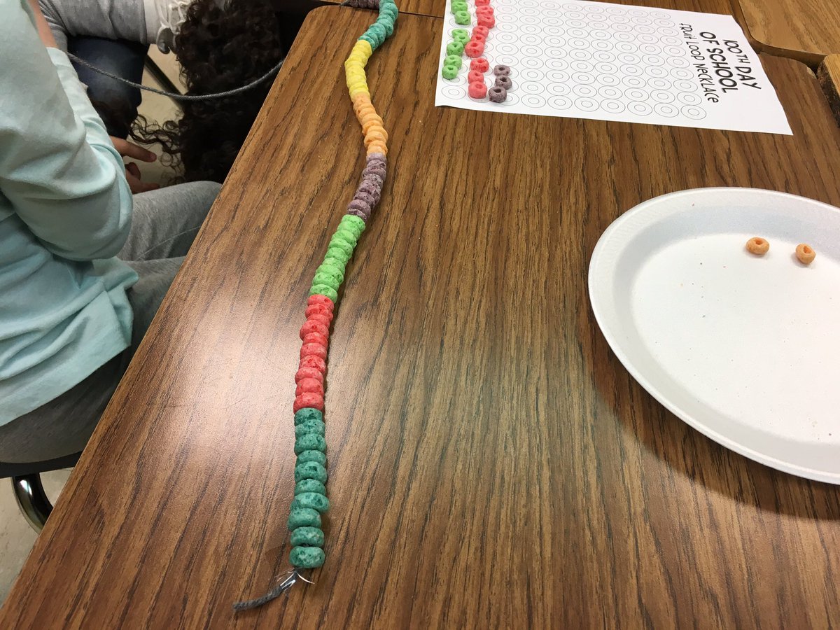 It's the 100th day of school today. What other way to celebrate than making a necklace with 100 fruit loops. Love my job! #wfredbirds