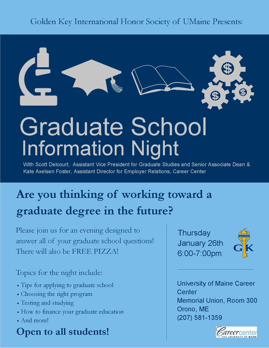 UMAINEGRADSKL's tweet photo. TOMORROW: Graduate School Info Night at @UMaineCareerCtr from 6-7PM. There will be FREE PIZZA! https://t.co/vwBHkAvcMH