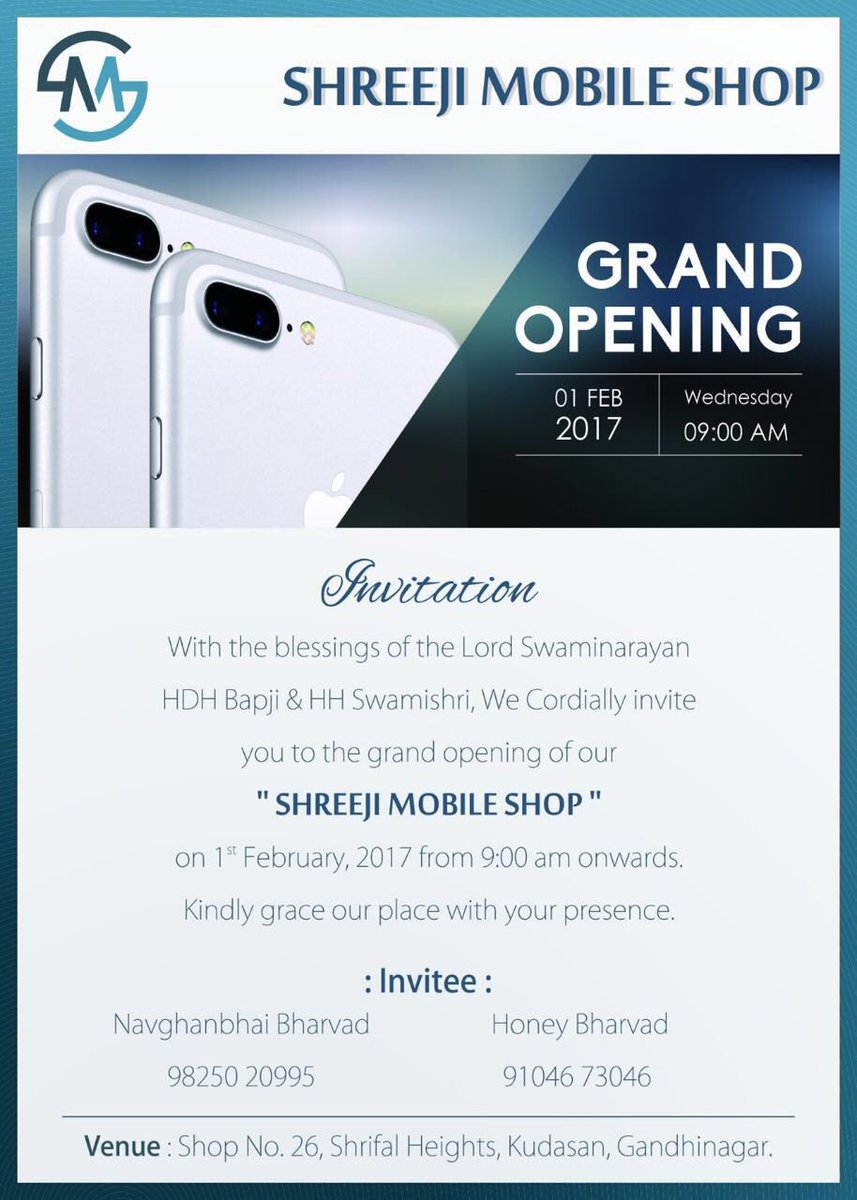 csstgauseva7770's tweet photo. Jay Swaminarayan  You are cordially invited to attend a private Grand Opening of  SHREJI MOBILE SHOP on Wednesday, from 9:00 AM https://t.co/i9xhw1gKnh