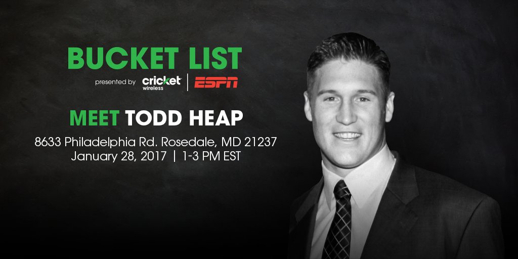 Cricketnation's tweet photo. Attention sports fans of #Baltimore—Todd Heap is coming to our store! Visit us on 1/28 from 1-3PM for a meet &amp; greet. #FanBucketList https://t.co/XwMFotiEgz