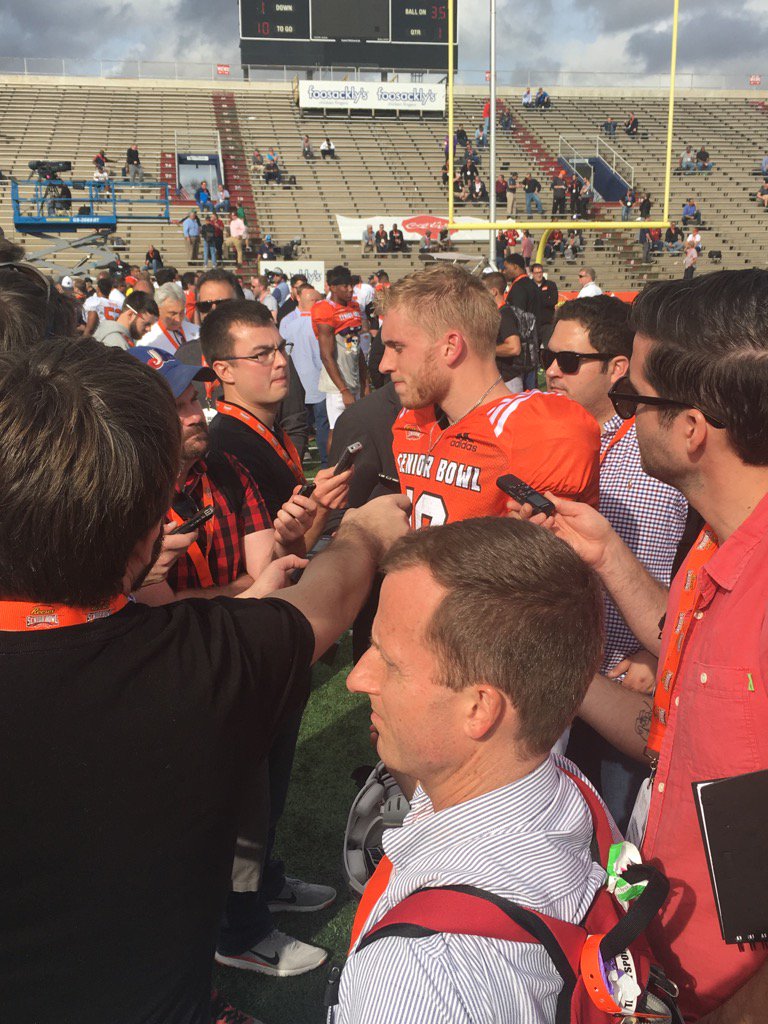 NFLDraft's tweet image. Cooper Kupp comes from small school, but he's drawing big crowd on #SeniorBowl Day 2. One of the week's stars so far.