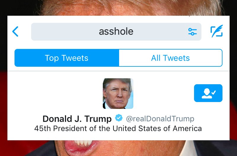 Gizmodo's tweet photo. When you search "asshole" on Twitter, @realDonaldTrump is the first result https://t.co/fZ3JsxOoA2 https://t.co/kfydEaR8QT