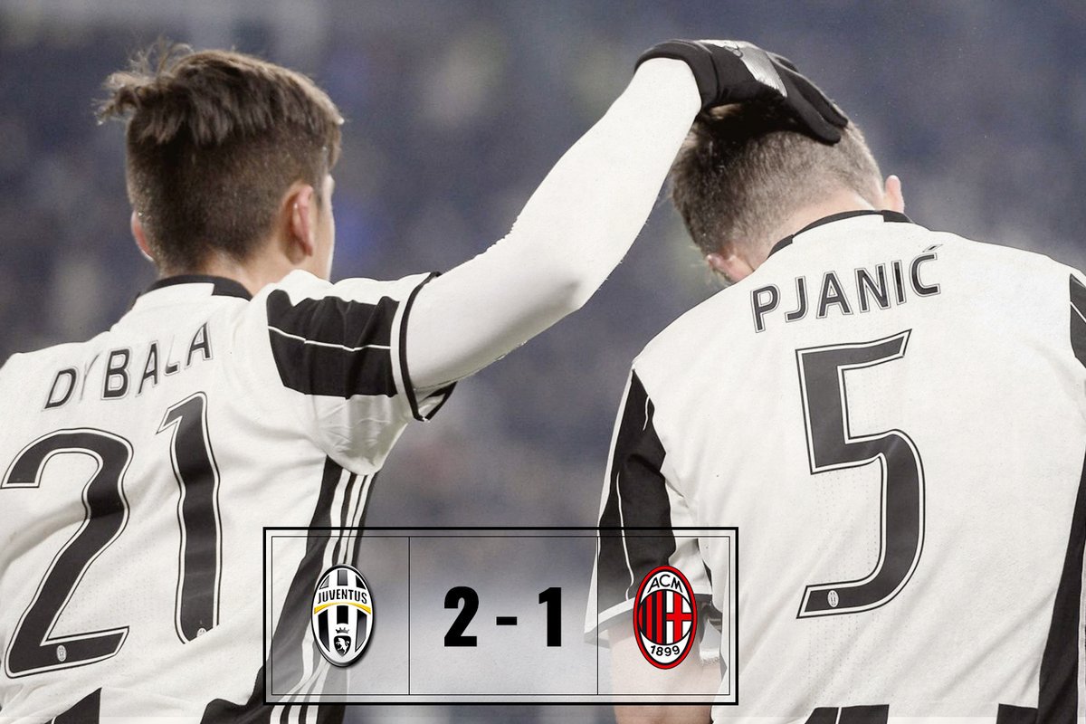 juventusfc's tweet photo. Ed è finitaaaaa! JUVE IN SEMIFINALE! Battuto il Milan per 2-1! #JuveMilan https://t.co/x6qTx61awS