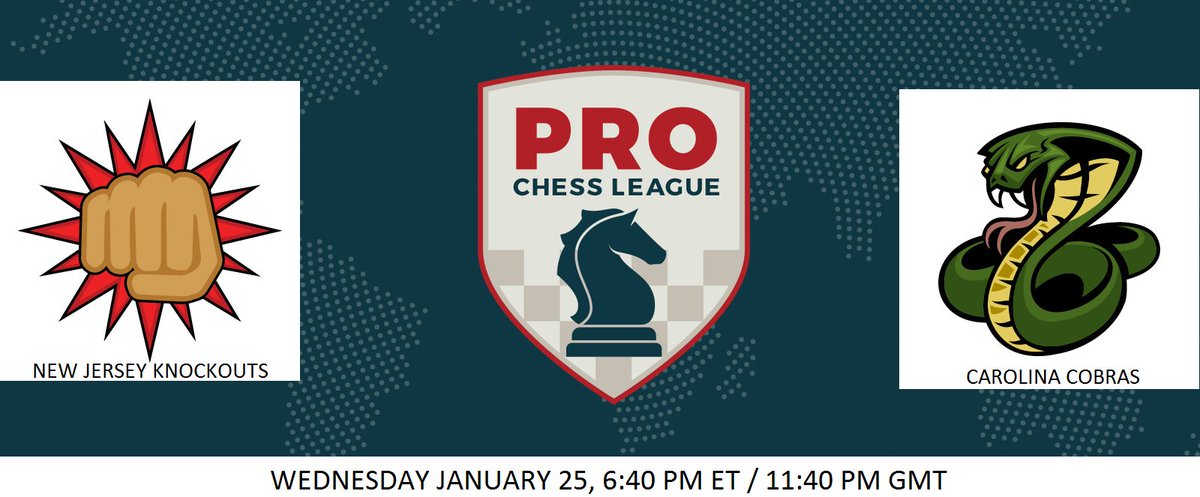 NJKnockouts's tweet photo. Our week 3 @PROChessLeague match against the Carolina Cobras starts in LESS THAN TWO HOURS!! Tune in at 6:40 PM ET! https://t.co/iFzohSVoNN