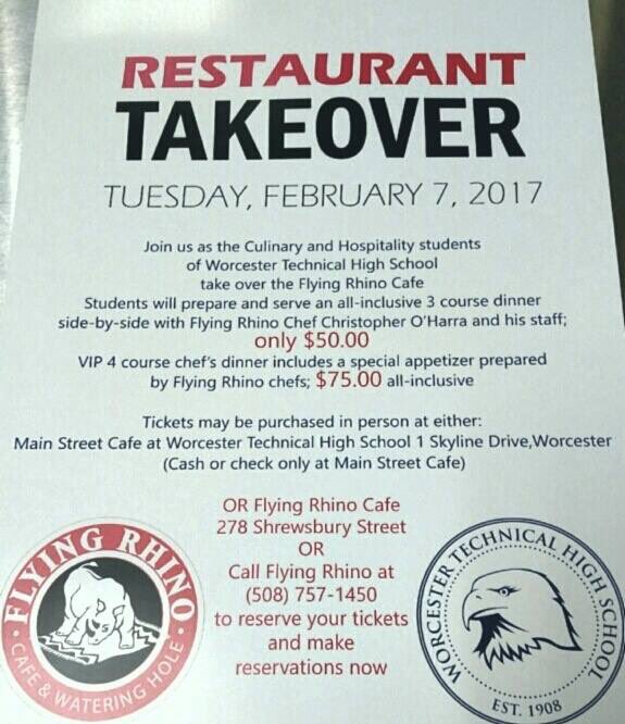 ChefOHarra's tweet photo. Spread the word! Worcester Tech HS is taking over the  @FlyingRhinoCafe Feb 7th! #worcestereats #massfoodies #chefslife #wcvb #whdh #wbz https://t.co/BzOjzi7vd1