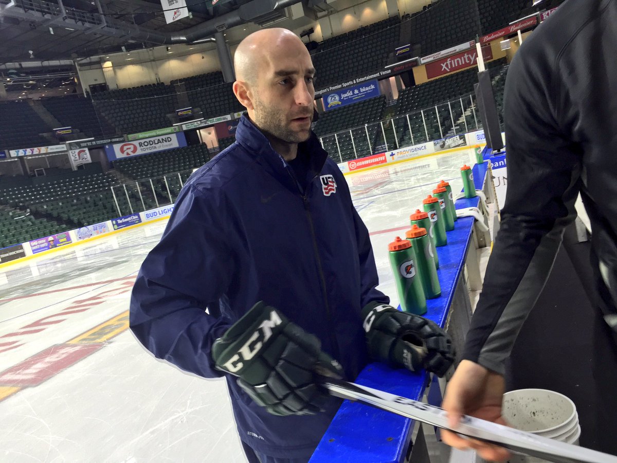 Benton_Mike's tweet photo. A bet's a bet with @cliffordgoalie. BC native coaches pay up with the track suit practice apparel. 🇺🇸🇺🇸

#WorldJuniors https://t.co/YMbBEduSiZ