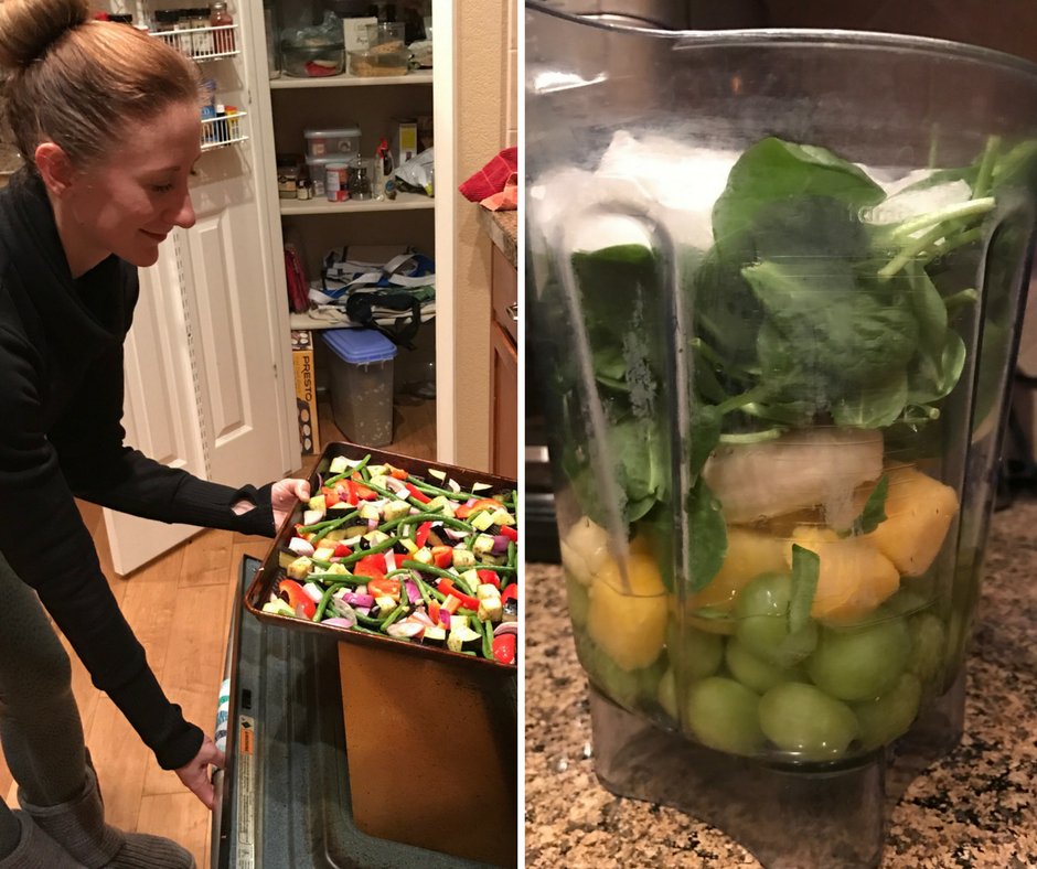 KZ boosted her veggie servings last night with this green smoothie + pan of roasted eggplant, onion, red pepper, and beans #eatcleangetlean!