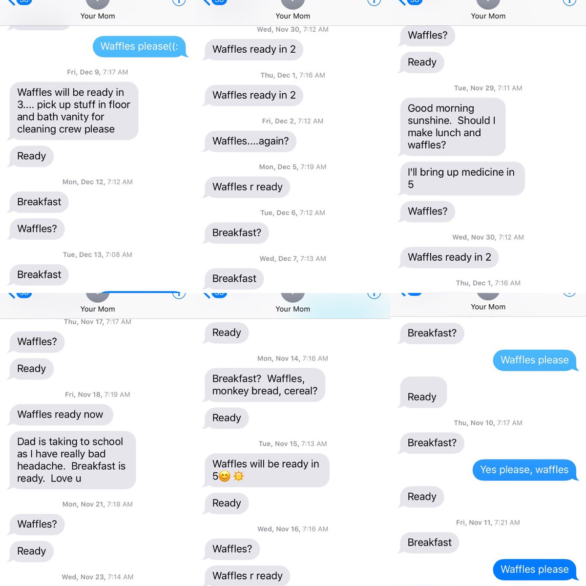 _braedyncooper's tweet photo. I got bored during math so I deleted every message between me and my mom that didn't have to do with waffles https://t.co/NpkMjuF7to
