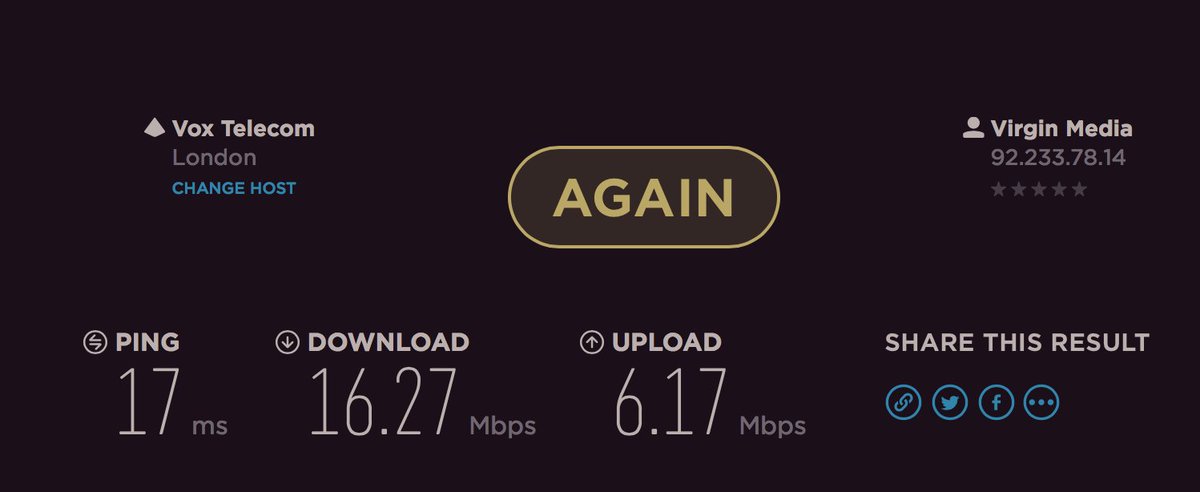 Tom_Fuller's tweet photo. @virginmedia Why in 2017/central London am i getting 16mb on a good day when I am paying for 100mb?! And yes I am connected via ethernet... https://t.co/UNyhqvW9of