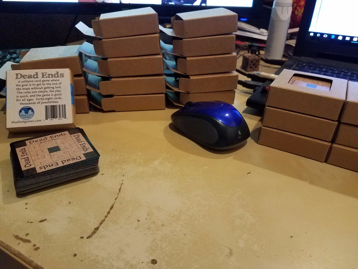 bluefoolgames's tweet photo. Boxing up new copies of Dead Ends, the solitaire game from @bluefoolgames. #yearofthefool #bluefoolgames #cardgames https://t.co/4yJsxTp2zQ