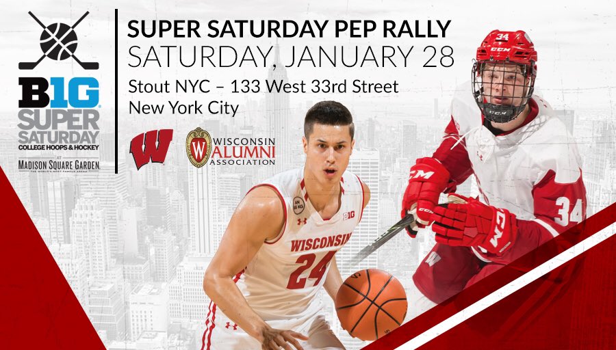 Wisconsin Badgers (@uwbadgers) on Twitter photo Joining <a href="/BadgerMBB/">Wisconsin Basketball</a> & <a href="/BadgerMHockey/">Wisconsin Hockey</a> in the Big Apple? Hang out with fellow Badgers at our Super Saturday Pep Rally! go.wisc.edu/7p59c4 Joining <a href="/BadgerMBB/">Wisconsin Basketball</a> & <a href="/BadgerMHockey/">Wisconsin Hockey</a> in the Big Apple? Hang out with fellow Badgers at our Super Saturday Pep Rally! go.wisc.edu/7p59c4