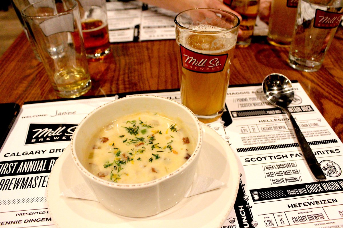 MillStreetYYC's tweet photo. Second course: Snow Day IPA with smoked trout chowder! #robbieburnsday #brewmastersdinner @MillStreetBrew https://t.co/lMHWqMoQz2