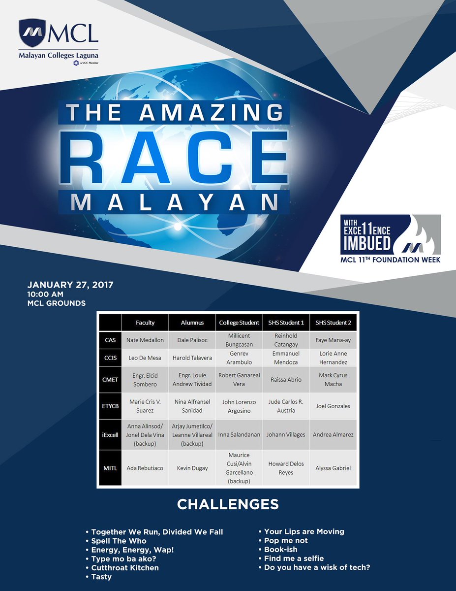 MapuaMCL's tweet photo. The Amazing Race Malayan is happening at 10AM tomorrow, January 27! #MCL11
View the final list of participants per college: https://t.co/cQVDaVnNda