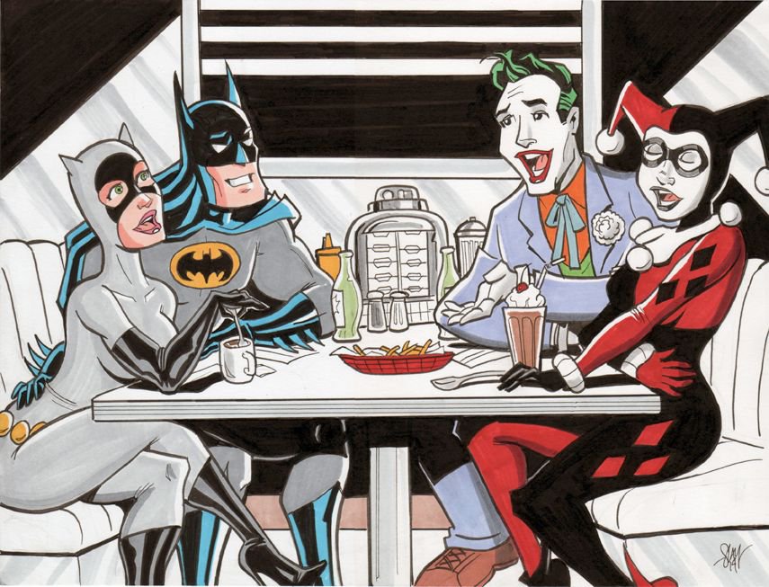 Milofyapp's tweet photo. #Batman #Catwoman on a #doubledate with #Joker #HarleyQuinn #JustKidding #milofy https://t.co/LLfqnlO6pw