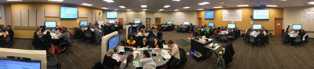CMULizardLady's tweet photo. Students working in groups on worksheets, active learning in the flesh! #CMUTeal https://t.co/aCWb4VYo7r