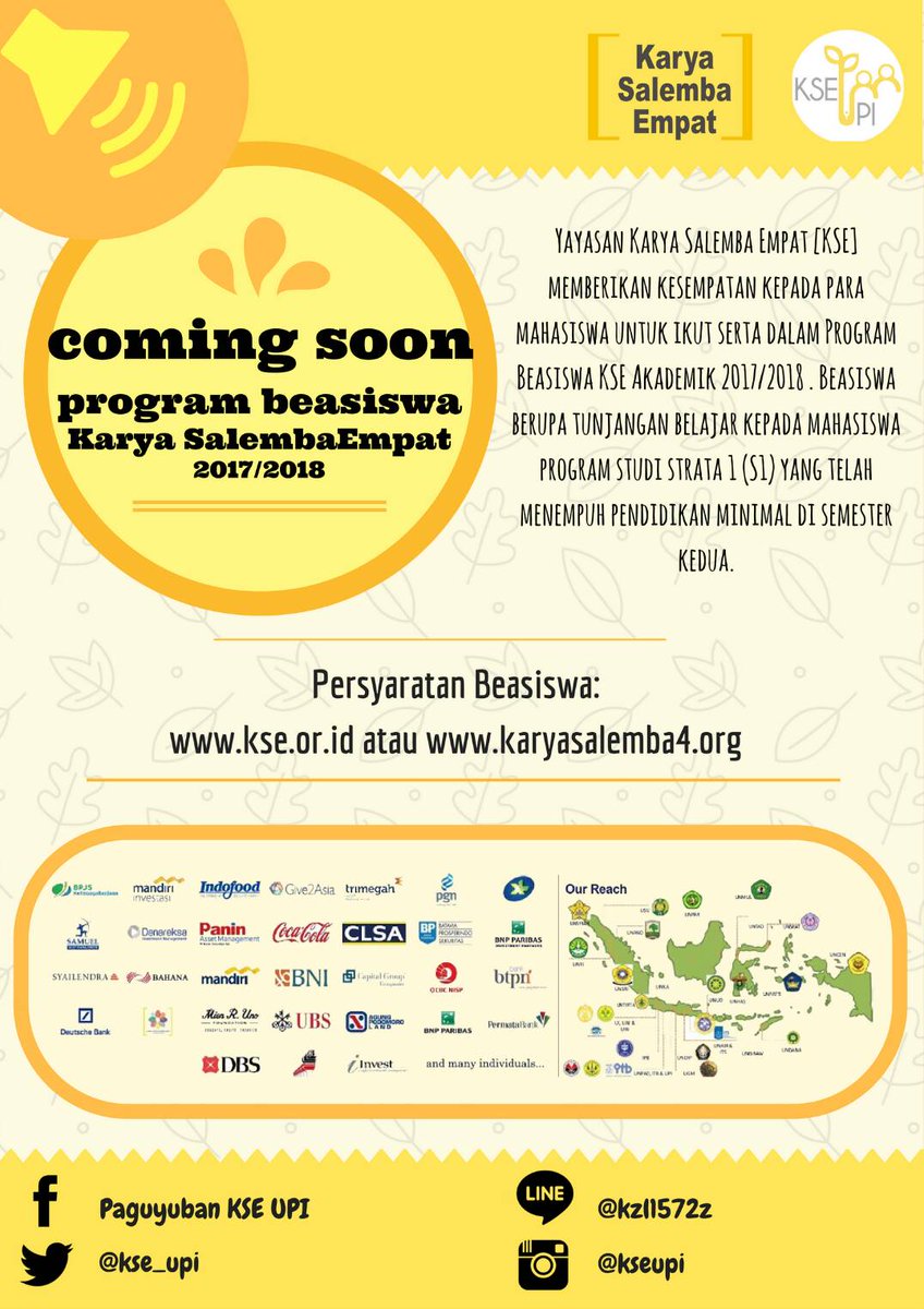 COMING SOON ⚠
Beasiswa Karya Salemba Empat Tahun Akademik 2017/2018. 
Keep sharing, networking, developing 🙌
#kseupi #kse #karyasalembaempat