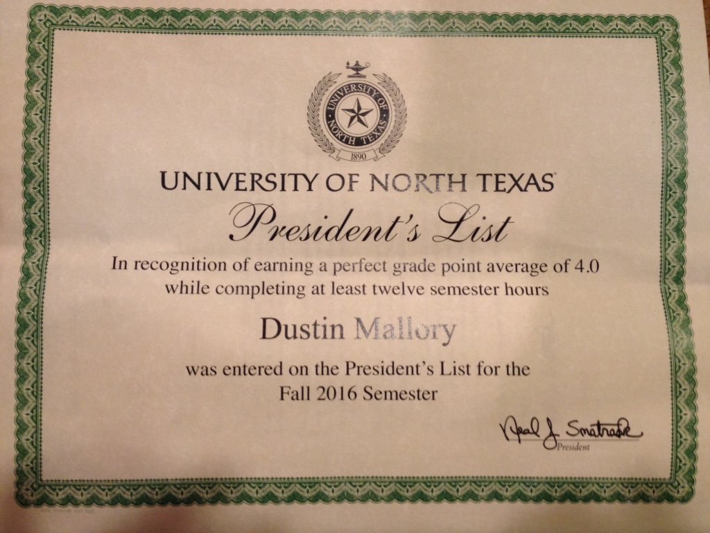 ShariMallory's tweet photo. So proud when this arrived recognizing Dustin's hard work!  Another one for the folder! Thank you @UNTPrez #continuetheexcellence @D_Mall10 https://t.co/tEstAEQKiQ