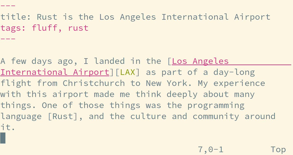 Screenshot of an in-progress article comparing the Los Angeles International Airport (LAX) to the Rust programming language