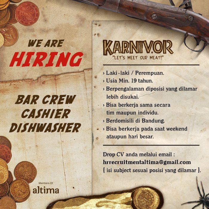 KARNIV.012 sedang membuka #lokerbdg untuk posisi Dishwasher &amp; Cashier

Cc: <a href="/infobdg/">BANDUNG ᮘᮔ᮪ᮓᮥᮀ</a> <a href="/LokerBdg/">Lowongan Kerja Bdg</a> @Info_Loker <a href="/bursaloker/">Bursa Lowongan Kerja</a> <a href="/KabarLoker/">Info Loker</a>