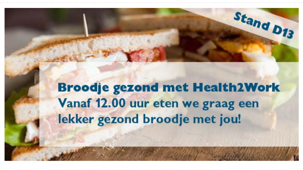 Health2Work's tweet image. Ben jij op de @beursfacilitair? Kom vandaag of morgen langs op onze stand D13. We eten graag een broodje gezond met je! #dynamischwerken